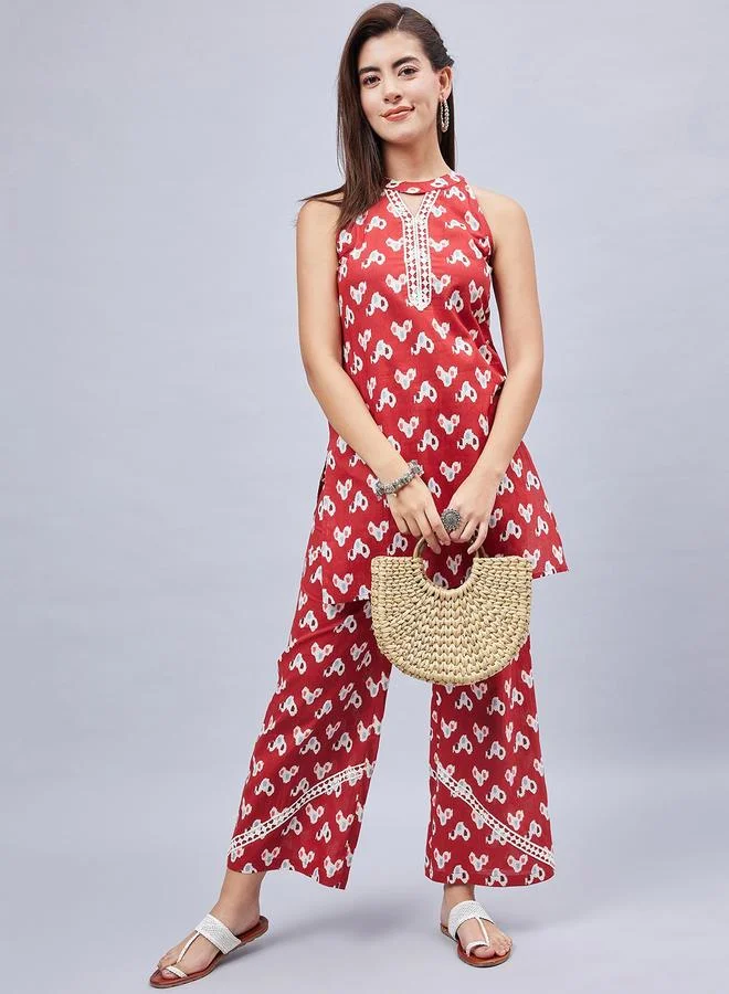 WineRed طقم بلوزة طويلة مطبوعة وبنطال